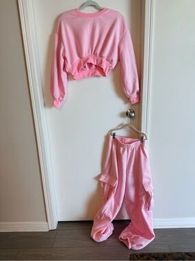 Cropped Pink Pullover Sweatshirt with matching cargo jogger pants